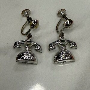 Vintage Silver Tone‎ Rotary Telephone Earrings Novelty Statement Fun